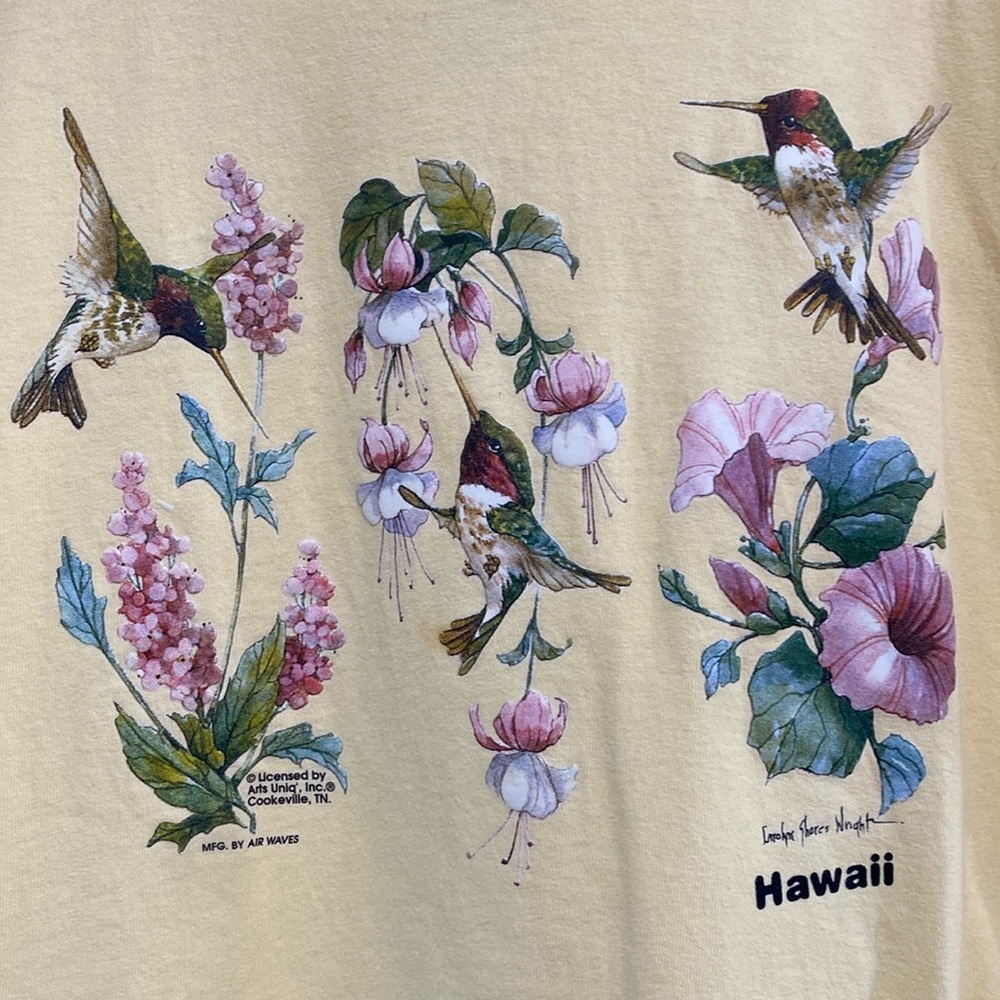 VTG Anvil Air Waves Yellow Bird Flower Graphic Print Cotton Coastal T-Shirt L - Picture 2 of 10